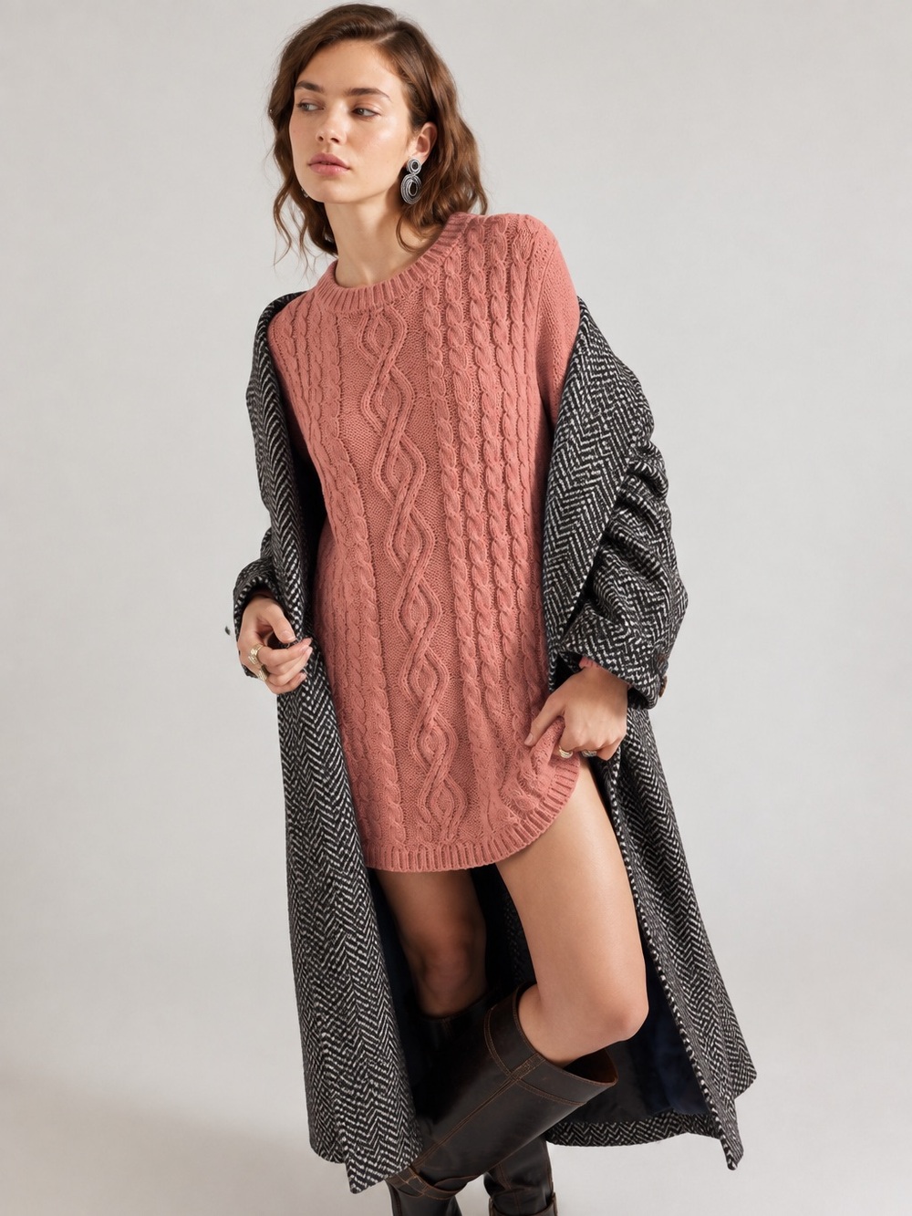 NWT FREE PEOPLE Orla Cable Knit Mini Dress | Nectar/Pink MSRP $148 Size L